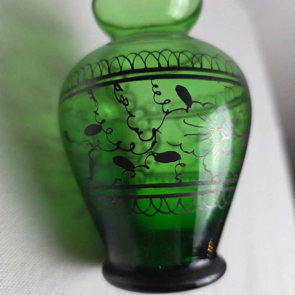 Vintage Venice 1960 Emerald Green Glass Bud Vase Silver Floral Overlay